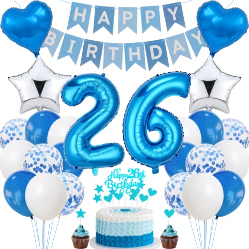 Jrzyhi 26. Geburtstag Dekoration - Blau Silber Party Deko für Männer und Frauen - Tortendeko 26 Jahre von Jrzyhi