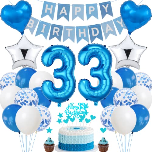 Jrzyhi 33. Geburtstag Dekoration - Blau Silber Party Deko für Männer und Frauen - Tortendeko 33 Jahre Jrzyhi 33. Geburtstag Dekoration - Blau Silber Party Deko für Männer und Frauen - Tortendeko 33 Jahre von Jrzyhi