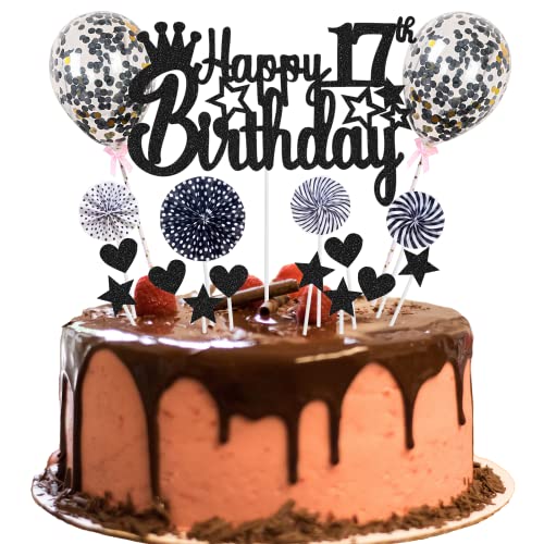 Tortendeko 17. Geburtstag - Happy 17th Birthday Deko für Junge und Mädchen - Kuchendeko Schwarz Hello 17 Glitter Cake Topper von Jrzyhi