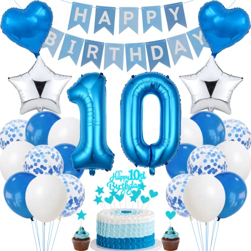 Jrzyhi 10. Geburtstag Dekoration,Blau Tortendeko Geburtstag 10 Jahre Junge,Party Deko Silber,10 Geburtstag Mädchen Junge,Tortendeko 10. Geburtstag Junge Mädchen,Geburtstagsdeko 10 Jahre Junge Mädchen von Jrzyhi