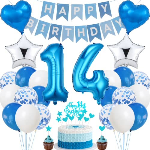 Jrzyhi 14. Geburtstag Dekoration,Blau Tortendeko Geburtstag 14 Jahre Junge,Party Deko Silber,14 Geburtstag Mädchen Junge,Tortendeko 14. Geburtstag Junge Mädchen,Geburtstagsdeko 14 Jahre Junge Mädchen Jrzyhi 14. Geburtstag Dekoration,Blau Tortendeko Geburtstag 14 Jahre Junge,Party Deko Silber,14 Geburtstag Mädchen Junge,Tortendeko 14. Geburtstag Junge Mädchen,Geburtstagsdeko 14 Jahre Junge Mädchen von Jrzyhi