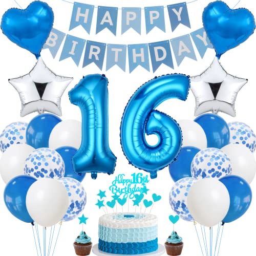 Jrzyhi 16. Geburtstag Dekoration - Blau Silber Party Deko für Junge Mädchen - Tortendeko für 16 Jahre Jrzyhi 16. Geburtstag Dekoration - Blau Silber Party Deko für Junge Mädchen - Tortendeko für 16 Jahre von Jrzyhi