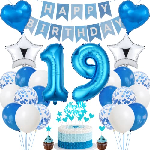 Jrzyhi 19. Geburtstag Dekoration,Blau Tortendeko Geburtstag 19 Jahre Junge,Party Deko Silber,19 Geburtstag Mädchen Junge,Tortendeko 19. Geburtstag Junge Mädchen,Geburtstagsdeko 19 Jahre Junge Mädchen von Jrzyhi