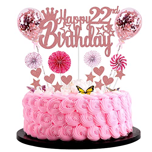 Jrzyhi Happy 22th Birthday Tortendeko - Hello 22 Cake Topper Rosegold für Frau und Mann - Glitter Kuchen Deko 22 Jahre von Jrzyhi