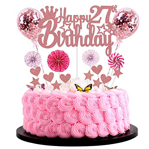 Jrzyhi Happy 27th Birthday Tortendeko frau 27. Geburtstag Hello 27 Cake Topper Rosegold Kuchen Topper 27 Kuchen Deko 27 Geburtstag mann Tortendeko 27 jahre frau Glitter Cake Topper für 27 Geburtstag von Jrzyhi