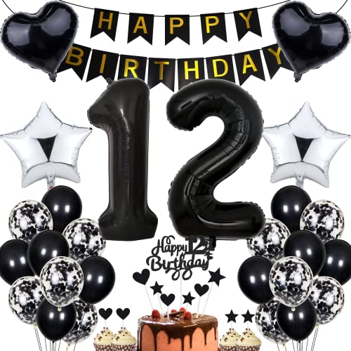 Jrzyhi 12. Geburtstag Ballon-Set Schwarz: 77 Stück, Herz, Stern, Konfetti, Zahl 12, Mädchen, Jugendliche, Alle Altersgruppen von Jrzyhi