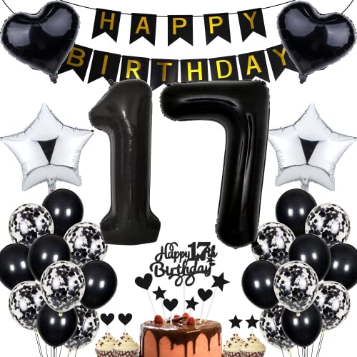 Jrzyhi 17. Geburtstag Dekoration, Schwarz Party Deko für Mädchen, 77 Stück Ballon-Set mit Konfetti, Herz & Stern, für Teenager, 17. Geburtstag Jrzyhi 17. Geburtstag Dekoration, Schwarz Party Deko für Mädchen, 77 Stück Ballon-Set mit Konfetti, Herz & Stern, für Teenager, 17. Geburtstag von Jrzyhi