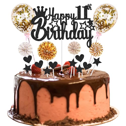 Tortendeko Happy 11th Birthday - Kuchendeko für 11. Geburtstag Junge Mädchen - Schwarz Golden Hello 11 Glitter Cake Topper von Jrzyhi