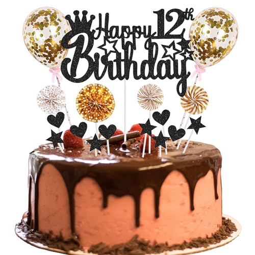 Tortendeko Happy 12th Birthday - Kuchendeko für 12. Geburtstag Junge Mädchen - Schwarz Golden Hello 12 Glitter Cake Topper von Jrzyhi