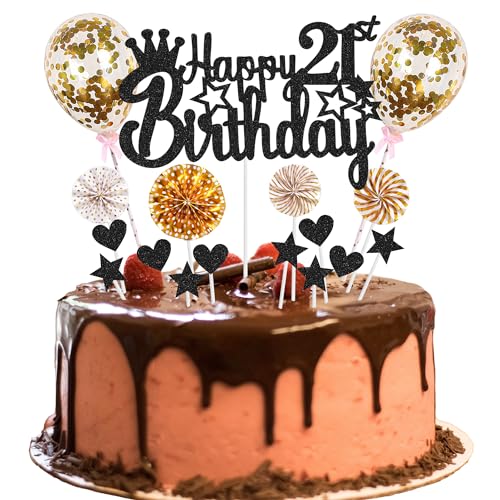 Tortendeko 21. Geburtstag - Happy 21th Birthday Deko für Mann und Frau - Kuchendeko Schwarz Golden - Hello 21 Glitter Cake Topper von Jrzyhi