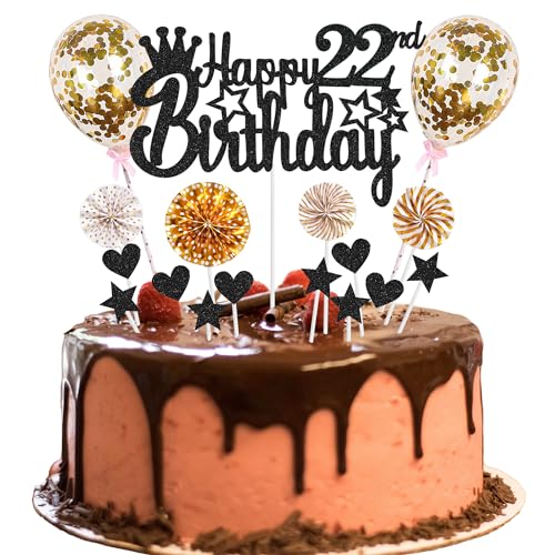 Tortendeko 22. Geburtstag - Happy 22th Birthday Deko für Mann und Frau - Kuchendeko Schwarz Golden - Hello 22 Glitter Cake Topper von Jrzyhi