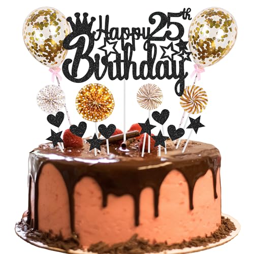 Tortendeko 25. Geburtstag - Happy 25th Birthday Deko für Mann und Frau - Kuchendeko Schwarz Golden - Hello 25 Glitter Cake Topper von Jrzyhi
