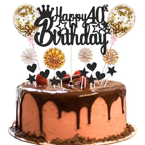 Tortendeko 40. Geburtstag - Happy 40th Birthday Deko für Mann und Frau - Kuchendeko Schwarz Golden - Hello 40 Glitter Cake Topper von Jrzyhi