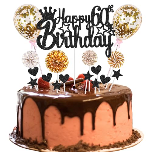 Tortendeko 60. Geburtstag - Happy 60th Birthday Deko für Mann und Frau - Kuchendeko Schwarz Golden - Hello 60 Glitter Cake Topper von Jrzyhi