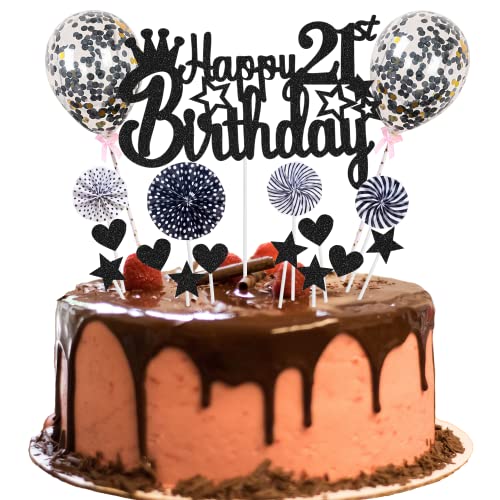 Tortendeko 21. Geburtstag - Happy 21th Birthday Deko für Mann und Frau - Kuchendeko Schwarz mit Hello 16 Glitter Cake Topper von Jrzyhi