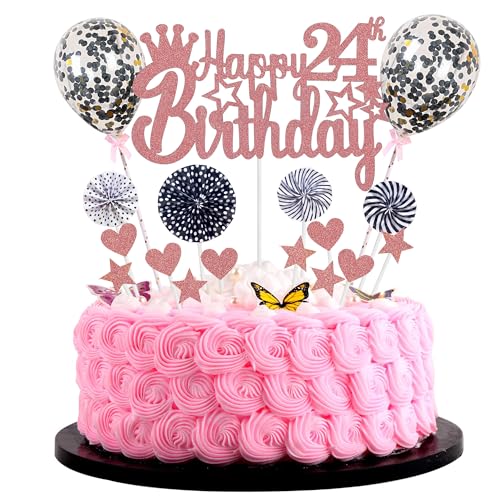 Happy 24th Birthday Tortendeko frau 24. Geburtstag Hello 24 Cake Topper Rosegold Schwarz Kuchen Topper 24 Kuchen Deko 24 Geburtstag mann Tortendeko 24 jahre frau Glitter Cake Topper für 24 Geburtstag von Jrzyhi