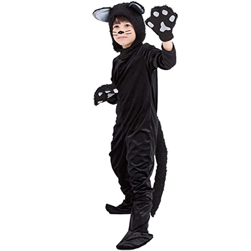 Jsiicennf Schwarze Katze, Tierkostüm für Mädchen, Kinder, schwarze Katze, Halloween, Cosplay, Verkleidung, Overall, Kostüm für Mädchen und Jungen, Größe M von Jsiicennf