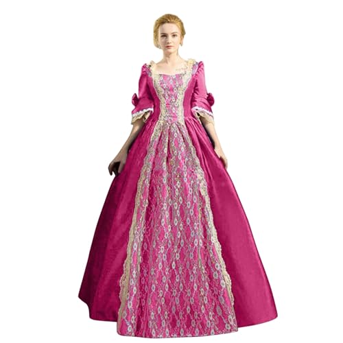 Damen Vintage Gothic Mittelalterliche Kleid Kleid Steampunk Gothic Kostüm Kleider mit Trompetenärmel Mittelalter Kleidung Renaissance Kostüm Maxikleid Elegant Aristokratische Kleid Hot Pink,3XL von Jtinalay