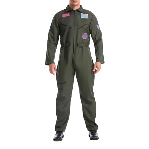 Jtinalay Armeegrün Deluxe Piloten-Overall Herren Kostüm aus Baumwolle Pilotenbekleidung Erwachsene Herren Kampfflieger Kostüm Jumpsuit Pilot Cosplay Kostüm Erwachsener Pilot Kostüm AG,XL von Jtinalay