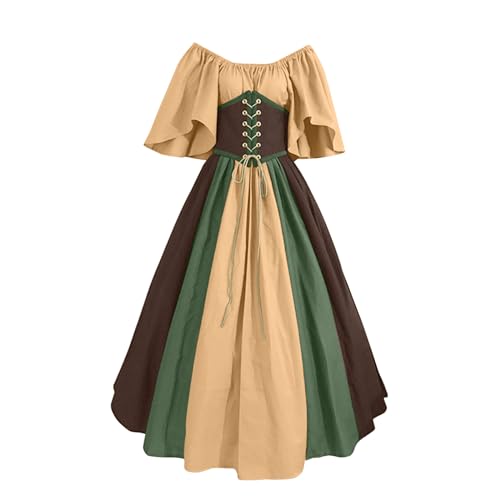 Jtinalay Damen Viktorianische Nahtfarbe Kleider Schulterfrei mit Rüschen Elastiche Taille Retro Kleid Kaffee,L von Jtinalay