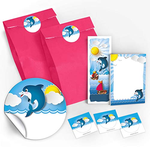 10 Lesezeichen + 10 Mini-Notizblöcke + 10 Geschenktüten/rosa + 10 Aufkleber Delfin Mitgebsel Gastgeschenk beim Kindergeburtstag Mädchen Jungen von JuNa-Experten