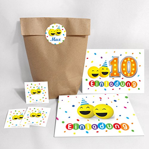 10-er Set Einladungskarten, Umschläge, Tüten, Aufkleber zum 10. Geburtstag lustige Party-Bälle für Mädchen und Jungen / Bunte und Lustige Einladungen zum zehnten Geburtstag für Kinder / bunt Konfetti 10-er Set Einladungskarten, Umschläge, Tüten, Aufkleber zum 10. Geburtstag lustige Party-Bälle für Mädchen und Jungen / Bunte und Lustige Einladungen zum zehnten Geburtstag für Kinder / bunt Konfetti von JuNa-Experten