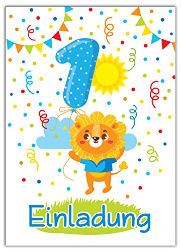 12 Einladungskarten 1. Kindergeburtstag Jungen Mädchen Tiere erste Geburtstag Geburtstagseinladungen Einladungen Geburtstagsparty Kartenset Löwe von JuNa-Experten