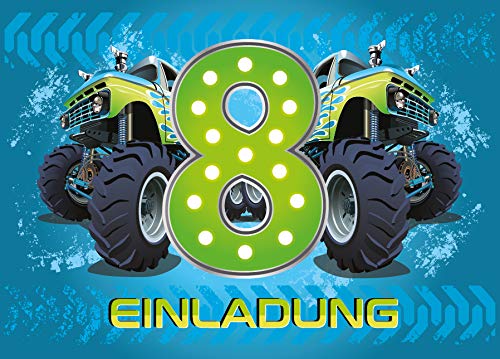 12 Einladungskarten 8. Geburtstag Kinder Junge Monstertruck blau / Monster-Truck / Auto / Einladungen achte Kindergeburtstag für Jungen von JuNa-Experten
