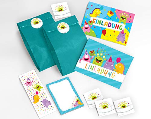 12 Einladungskarten Kindergeburtstag für Mädchen Jungen lustige Monster incl. 12 Umschläge, 12 Party-Tüten/blau, 12 Aufkleber, 12 Lesezeichen, 12 Notizblöcke 12 Einladungskarten Kindergeburtstag für Mädchen Jungen lustige Monster incl. 12 Umschläge, 12 Party-Tüten/blau, 12 Aufkleber, 12 Lesezeichen, 12 Notizblöcke von JuNa-Experten