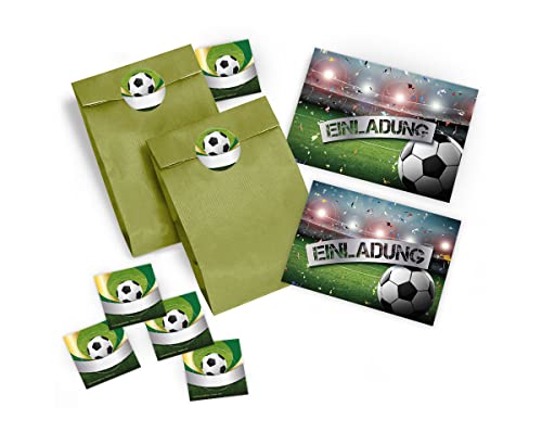 JuNa-Experten 12 Einladungskarten incl. 12 Umschläge, 12 Tüten, 12 Aufkleber zum Kindergeburtstag Jungen Jungs Fußball Fussball von JuNa-Experten