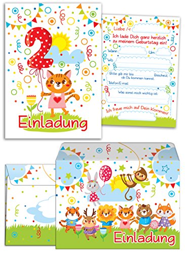 JuNa-Experten 12 Einladungskarten zum 2. Kindergeburtstag für Mädchen incl.12 Umschläge/Bunte Einladungen zum Geburtstag für Mädchen Süße Tierchen/Süße Katze (12 Karten + 12 Umschläge) von JuNa-Experten