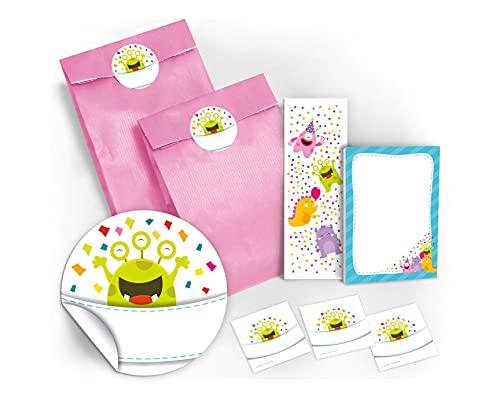 12 Geschenktüten/Hellrosa + 12 Aufkleber + 12 Lesezeichen + 12 Mini-Notizblöcke lustige Monster/Mitgebsel Gastgeschenk für Kinder Jungen Mädchen beim Kindergeburtstag Geburtstag Hochzeit Taufe von JuNa-Experten
