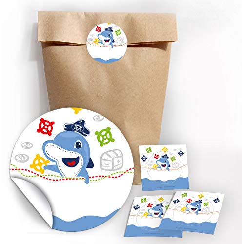 12 Geschenktüten/Natur + 12 Aufkleber Delfin Pirat Piraten-Party für Mitgebsel Gastgeschenk beim Kindergeburtstag Jungen Mädchen von JuNa-Experten
