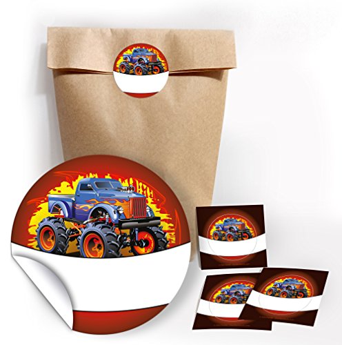 JuNa-Experten 12 Geschenktüten/Natur + 12 Aufkleber Monster-Truck/braun für Geschenke Mitgebseln beim Kindergeburtstag/Papierbeutel für Gastgeschenk mit Sticker von JuNa-Experten