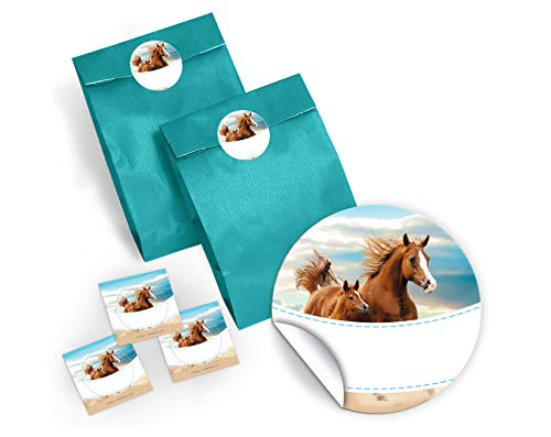JuNa-Experten 12 Blaue Geschenktüten + 12 Aufkleber Pferde für Geschenke Mitgebseln beim Kindergeburtstag/Papierbeutel für Gastgeschenk mit Sticker von JuNa-Experten