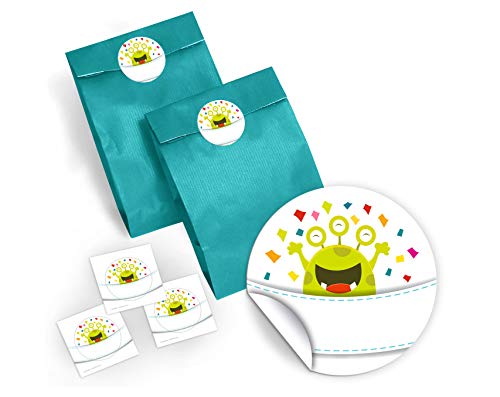 JuNa-Experten 12 Bunte Party-Tüten mit 12 Aufkleber für Geschenke oder Mitgebseln beim Kindergeburtstag lustige Monster/Hochzeit/Geburtstag/Kinderfest/Papier-Tüten für Geschenkverpackung von JuNa-Experten