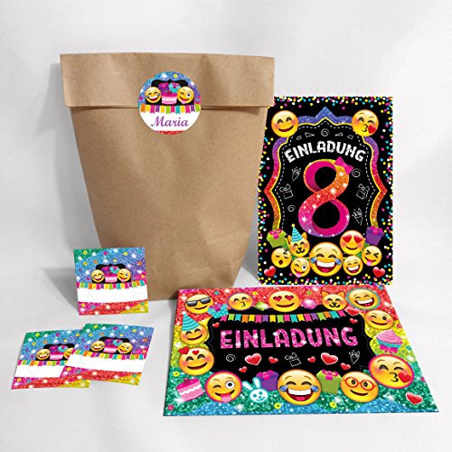 12-er Set Einladungskarten, Umschläge, Geschenktüten, Aufkleber zum 8. Kindergeburtstag für Mädchen / Einladung achte Geburtstag / Einladungen zum Geburtstag / Kartenset für Kindergeburtstag / glitzer von JuNa-Experten