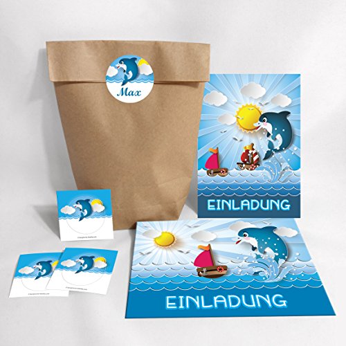 12-er Set Einladungskarten, Umschläge, Tüten, Aufkleber zum Kindergeburtstag für Jungen Mädchen Delfin (12 Karten + 12 Umschläge + 12 Party-Tüten (Kreuzbodenbeutel) + 12 Aufkleber) von JuNa-Experten