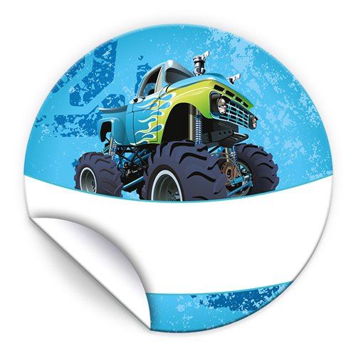 JuNa-Experten 48 Aufkleber Monster-Truck/blau für Geschenkverpackung/Sticker für Verpackung von Gastgeschenk Mitgebsel/Kindergeburtstag/Party-Deko von JuNa-Experten