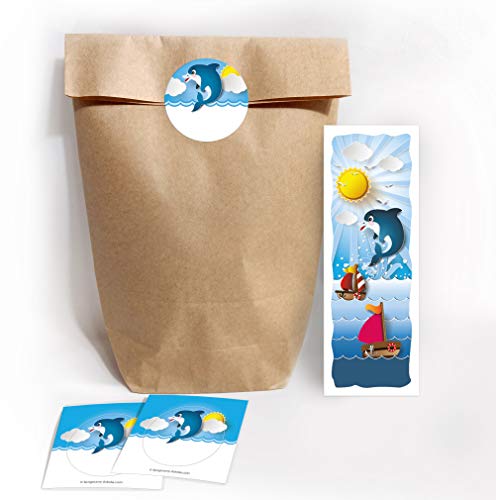 6 Lesezeichen + 6 Geschenktüten/Natur + 6 Aufkleber Delfin Mitgebsel Gastgeschenk beim Kindergeburtstag Mädchen Jungen von JuNa-Experten