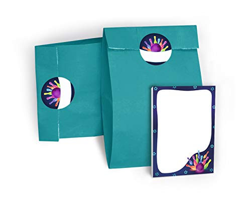 6 Mini-Notizblöcke + 6 Geschenktüten / blau + 6 Aufkleber Bowling Mitgebsel Gastgeschenke beim Kindergeburtstag Mädchen Jungen von JuNa-Experten