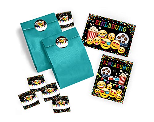 8 Einladungskarten Geburtstag Kinder Kino für Mädchen Jungen Jungs incl. 8 Umschläge, 8 Tüten, 8 Aufkleber Einladungen Kindergeburtstag Geburtstagseinladungen Set Partyset Kartenset Party von JuNa-Experten