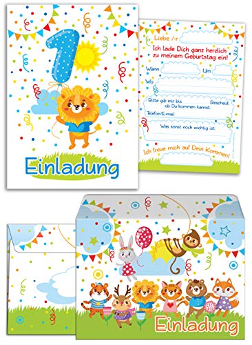 8 Einladungskarten zum 1. Kindergeburtstag für Jungen / Bunte Einladungen zum Geburtstag für Jungen Süße Tierchen / Süßer Löwe (8 Karten + 8 Umschläge) von JuNa-Experten