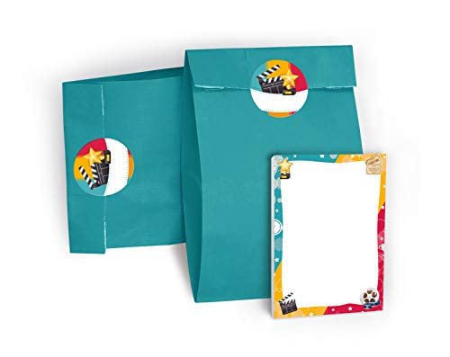 8 Mini-Notizblöcke + 8 Geschenktüten/blau + 8 Aufkleber Kino Mitgebsel Gastgeschenk beim Kindergeburtstag Mädchen Jungen von JuNa-Experten