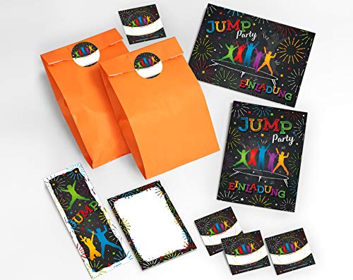 JuNa-Experten 10 Einladungskarten Kindergeburtstag Jump Trampolin Mädchen incl. 10 Umschläge, 10 Tüten / orange, 10 Aufkleber, 10 Lesezeichen, 10 Blöcke von JuNa-Experten