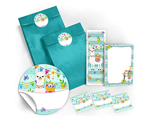 JuNa-Experten 10 Lesezeichen + 10 Mini-Notizblöcke + 10 Geschenktüten/blau + 10 Aufkleber Lama Mitgebsel Gastgeschenk beim Kindergeburtstag Mädchen von JuNa-Experten