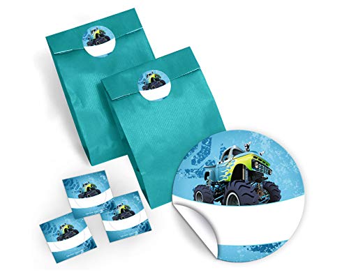 JuNa-Experten 12 Blaue Geschenktüten + 12 Aufkleber Monster-Truck/blau für Geschenke Mitgebseln beim Kindergeburtstag/Papierbeutel für Gastgeschenk mit Sticker von JuNa-Experten