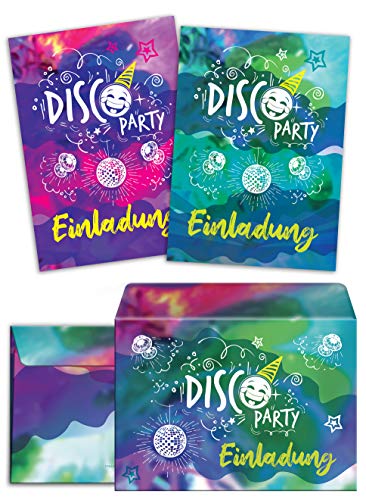 JuNa-Experten 12 Einladungskarten (6 x grün, 6 x rosa) inc. 12 Umschläge zum Kindergeburtstag Mädchen Jungen Disco Party Einladungen zum Geburtstag von JuNa-Experten