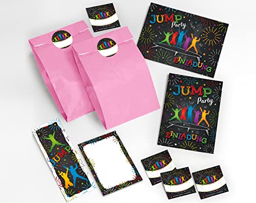 JuNa-Experten 12 Einladungskarten Kindergeburtstag Jump Trampolin Mädchen Junge incl. 12 Umschläge, 12 Tüten/Hellrosa, 12 Aufkleber, 12 Lesezeichen, 12 Blöcke von JuNa-Experten