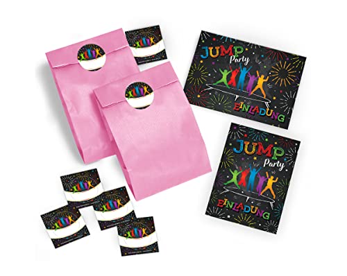 JuNa-Experten 12 Einladungskarten Kindergeburtstag Jump Trampolin Mädchen Junge incl. 12 Umschläge, 12 Tüten/Hellrosa, 12 Aufkleber von JuNa-Experten